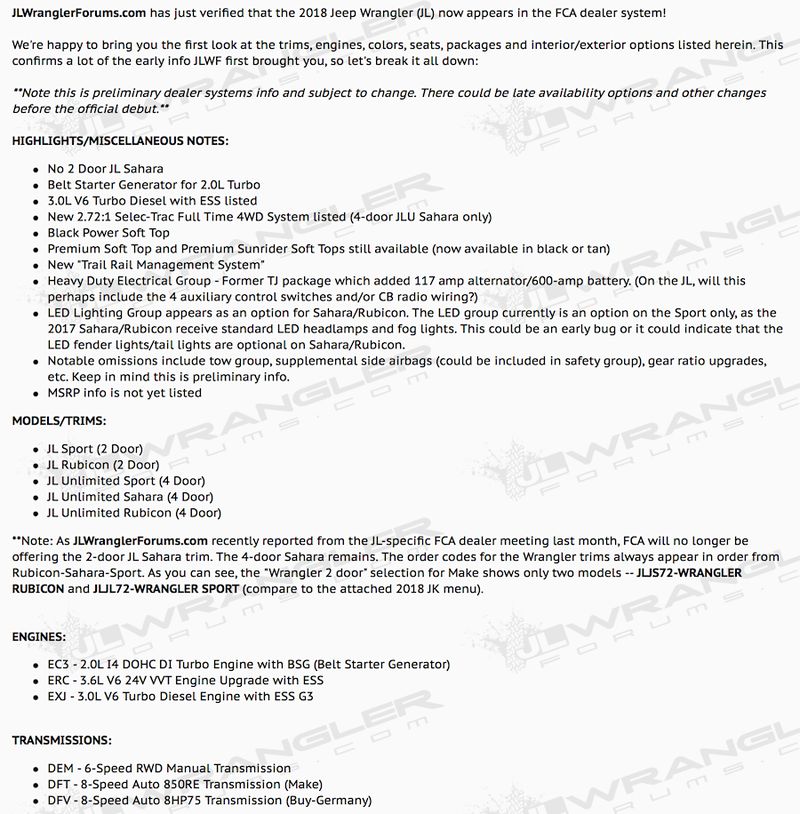 Illustration for article titled Leaked 2018 Jeep Wrangler Options List Includes A Big Change To The 4WD System